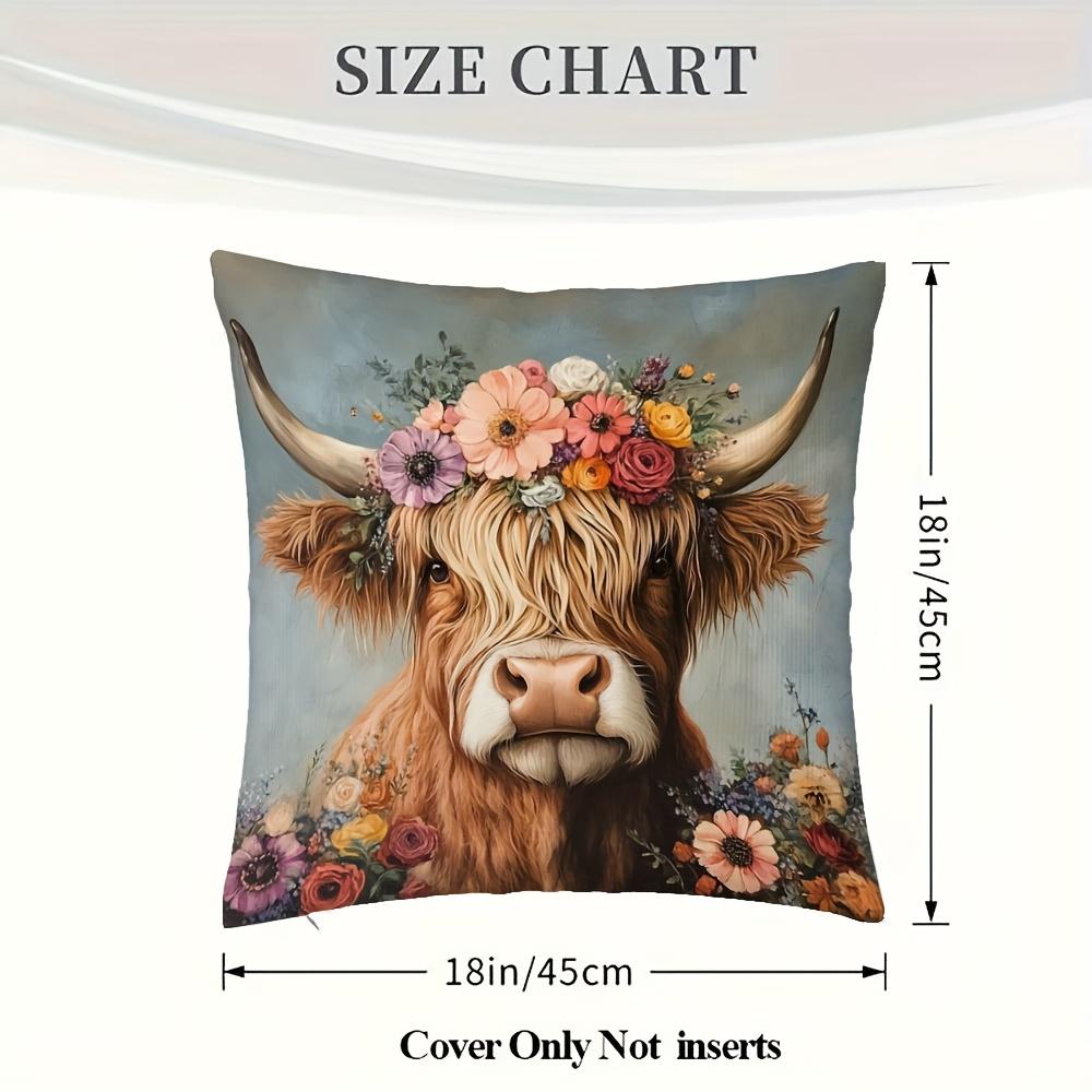 1Pc Boho Cow Floral Decor Pillow Cover - 18"X18" Polyester, Highland Cow With Vibrant Flower Crown Design, Zip Closure, Hand Was