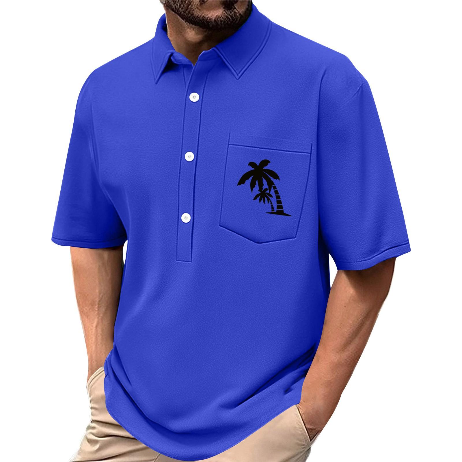 

Men s Summer Solid Color Print Four-sided Stretch Lapel Button Pocket Shirt Casual Sports Short-sleeved Top M