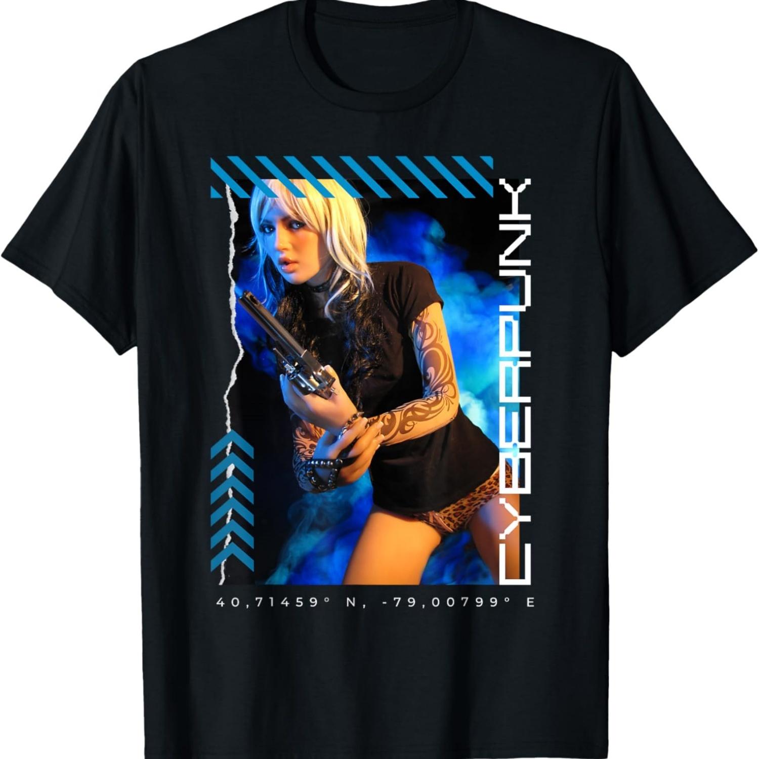 Cyberpunk Hot Babe Smoking Gun Edgy Aesthetic T-Shirt S чёрный