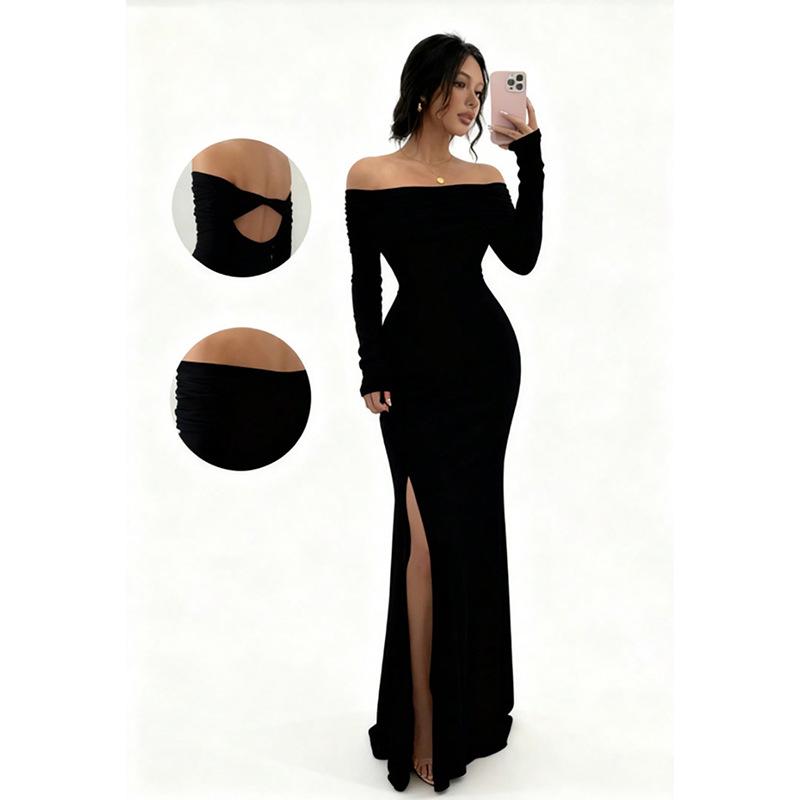 Autumn European & American Women's One-Shoulder Slim-Fit Slit Evening Gown