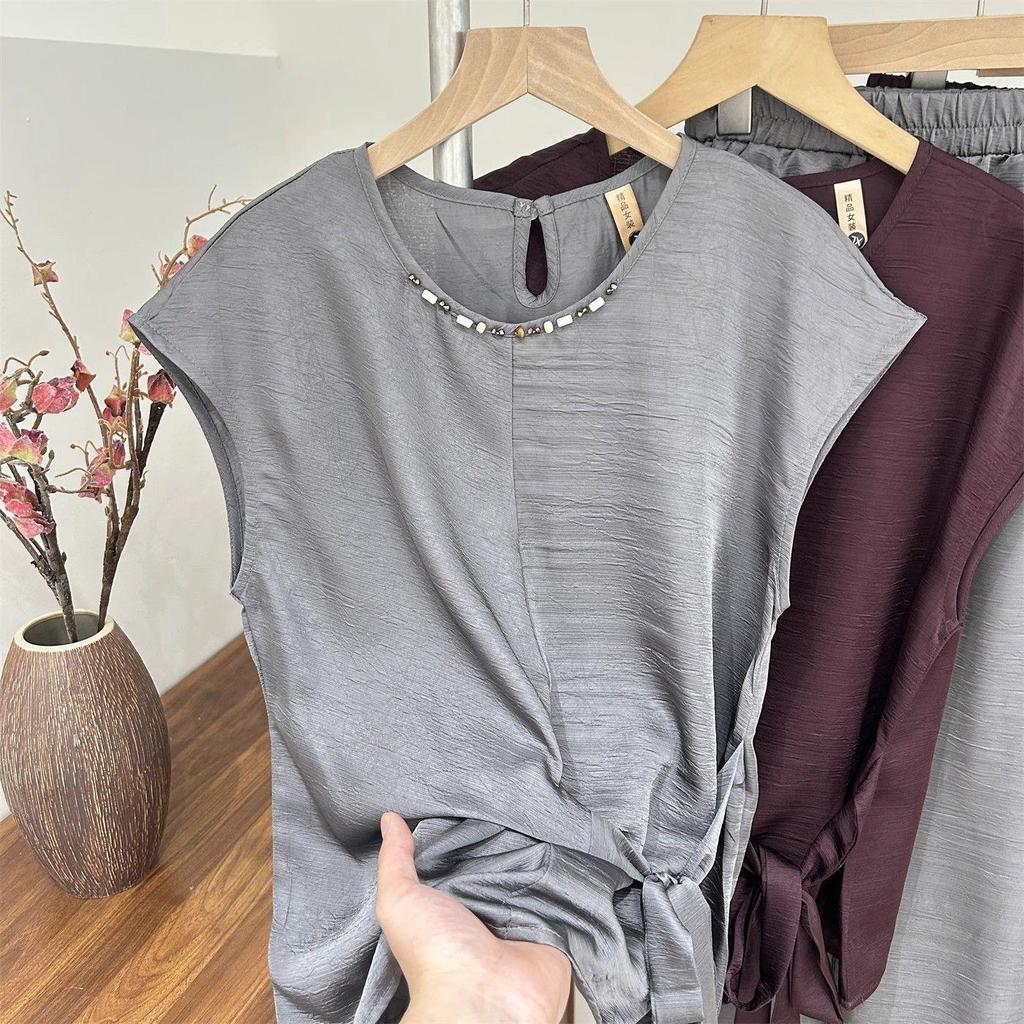 Elegant Ice Silk T-shirt & Casual Pants Set for Young Mothers - Summer Style, Age-Defying, Perfect for Middle-Aged & Seniors