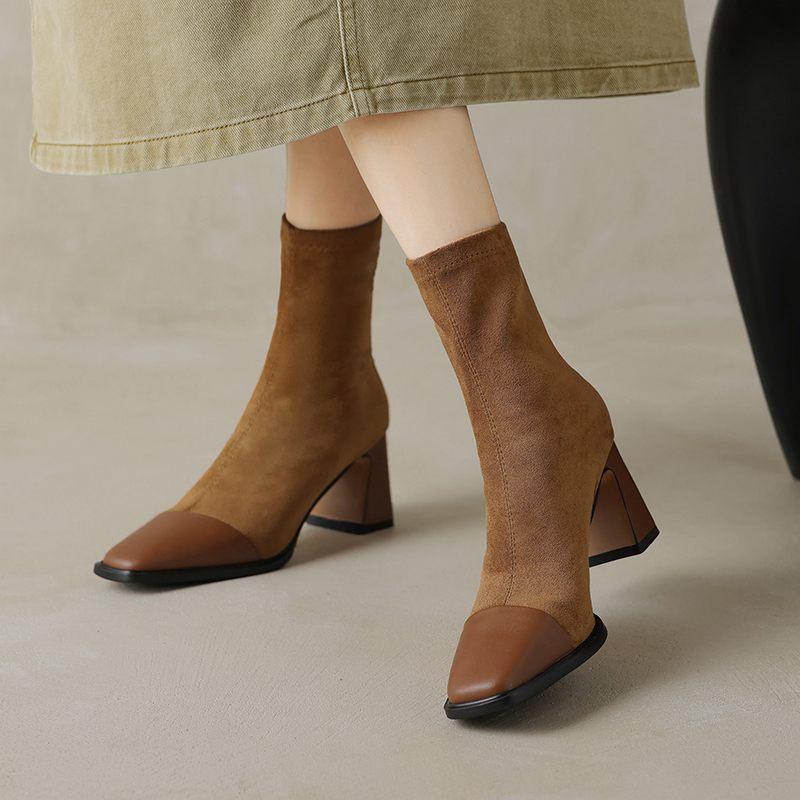 Krazing Pot Cow Skin Autumn Winter Shoes Square Toe Mixed Color Thick High Heels Zipper Chelsea Boots Women Stretch Ankle Boots