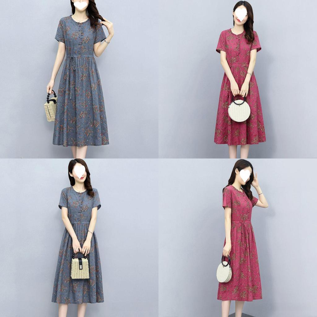 Cotton Linen Floral Midi Dress With Ruffle Details For Summer Streetwear