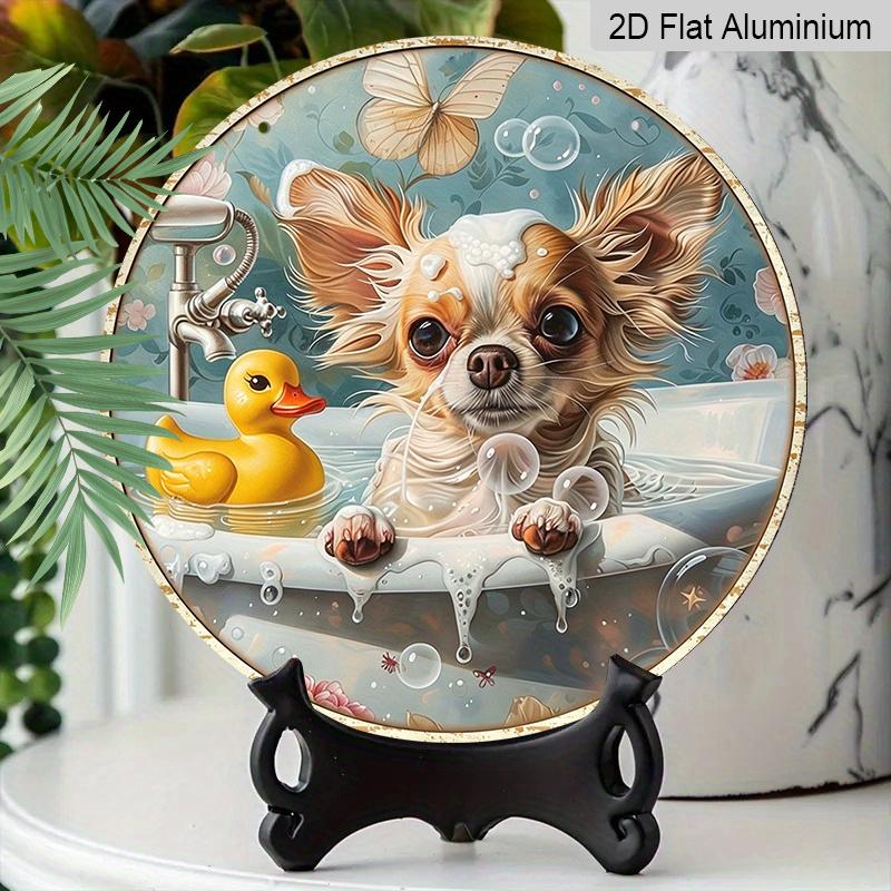 2D Flat, 1pc Round Aluminum Cute Chihuahua Bathing Metal Sign, Funny Dog with Rubber Duck & Bubbles Vintage Wall Plaque, Perfect for Bathroom, Pet