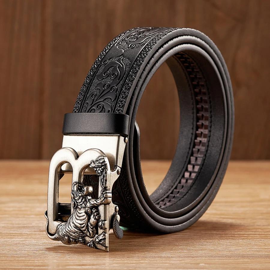 3.5CM Tiger Alloy Automatic Buckle Cowskin Leather Belt Quality Men Wasitbad Strap Genuine Leather Gift Bussiness Belt for Jeans