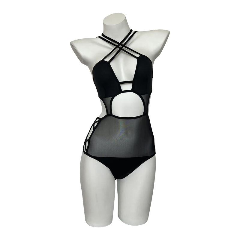 Sexy lingerie little devil neck-hanging perspective lace-up three-point hot perspective uniform free-of-charge set