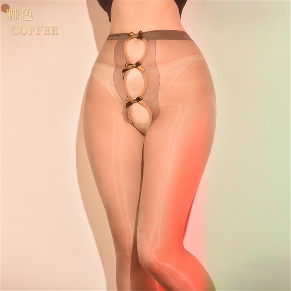 Sexy Women 3D Thin Oil Shiny Glossy Pantyhose Bow Hollow Out Tights Exotic Open Crotch Allure Vintage Maid Pantyhose Shaper