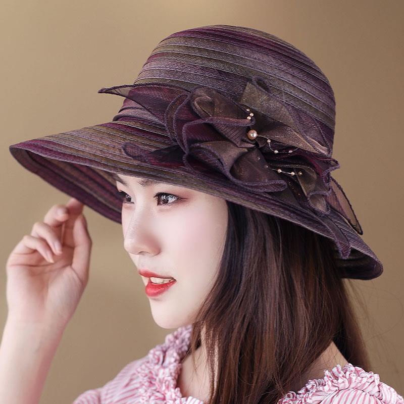 Hat Female Summer Breathable Mesh Color Matching Flower Yarn Sun Hat Dome Top Hat Sun Protection Hat