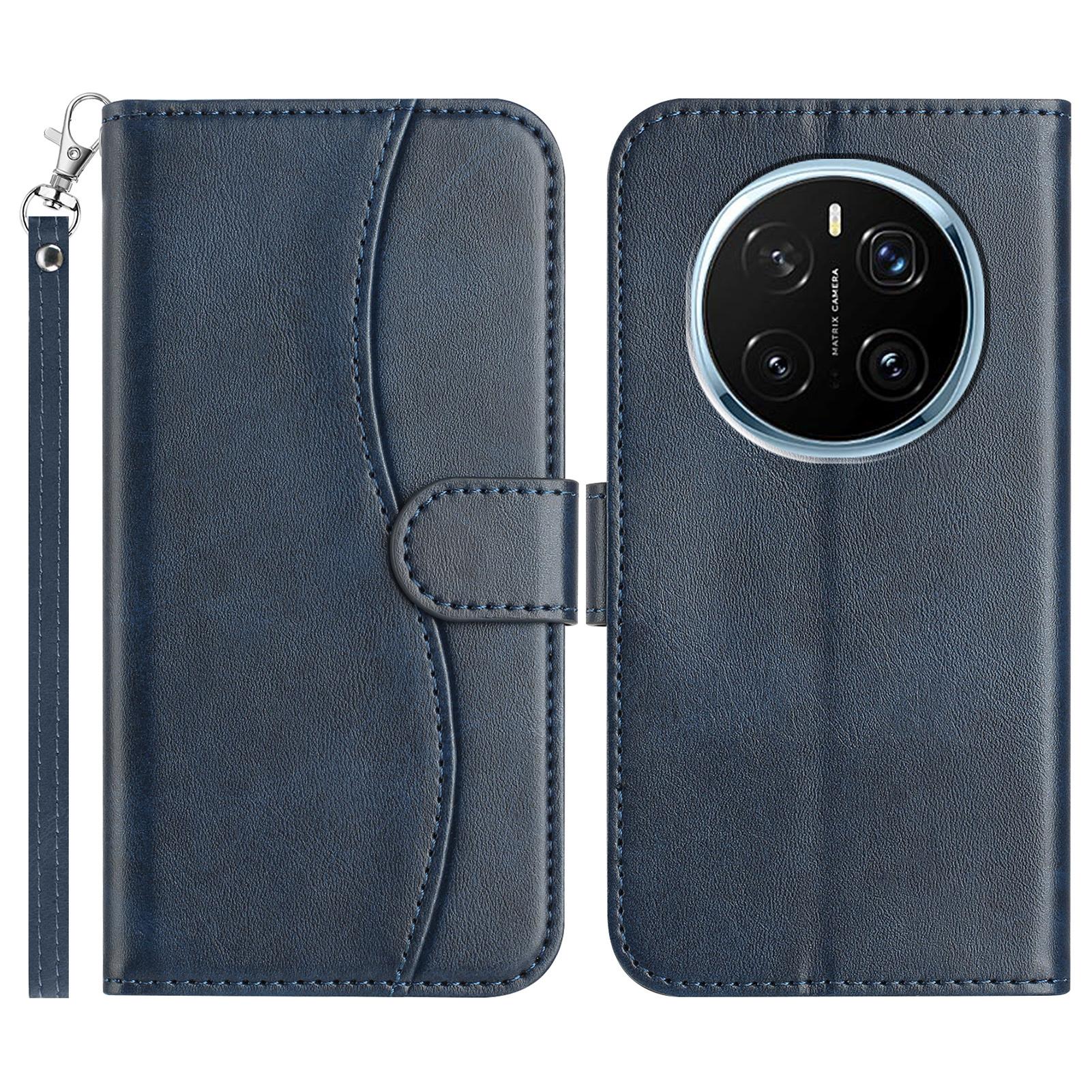 

For Honor Magic7 Pro 5G Stand Case with Strap PU Leather Wallet Phone Cover S Shape Stitching Design Navy Blue