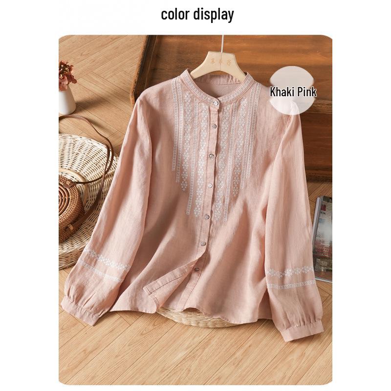 2026 Spring/Autumn Women's Retro Embroidered Cotton Linen Long-Sleeve Shirt