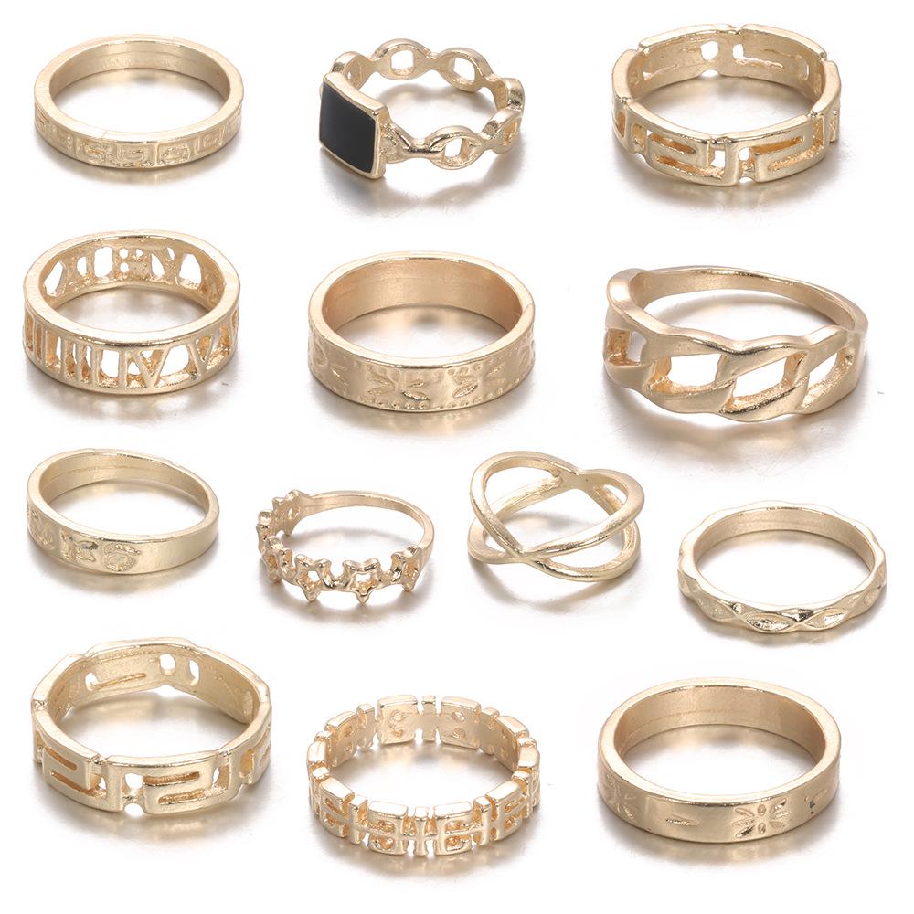 13pcs/set Exaggerated Punk Style Metal Ring Star Black Ring Set