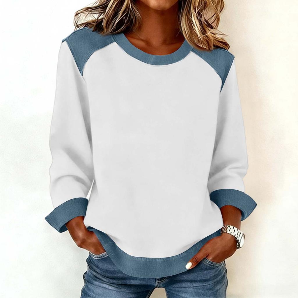 Women Denim Collar Patchwork Stitching Sweatshirt Casual  Pullover Long Sleeve Shirts
