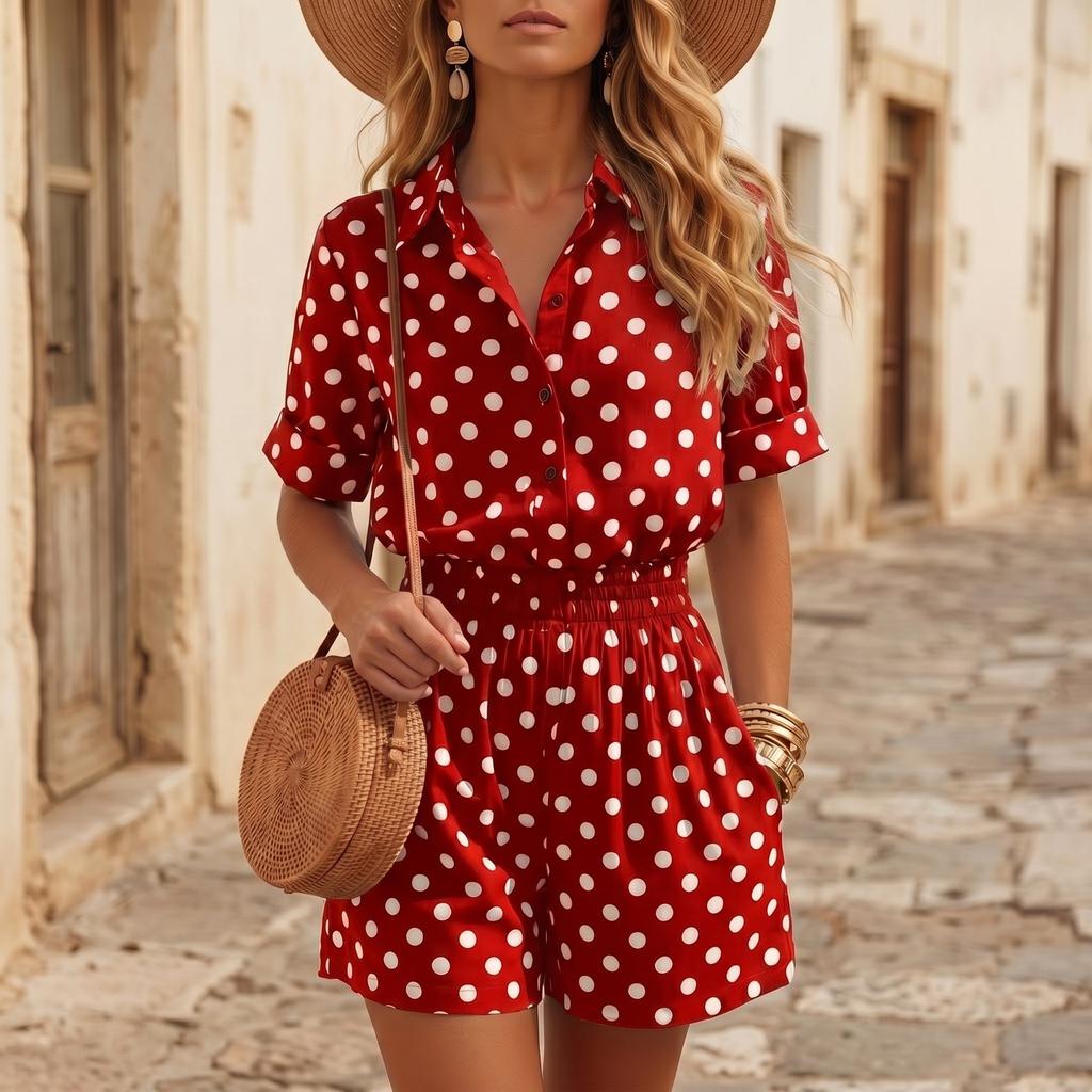 Ensemble deux pièces pour femme Chemise boutonnée à manches courtes et Short à taille élastique Imprimé à pois Tenue d'été décontractée