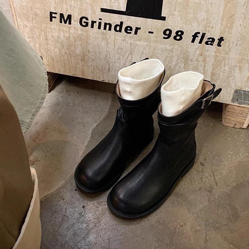 New spot retro simple and thin low-heeled Martin boots women's 2025 new autumn and winter niche all-match buckle locomotive