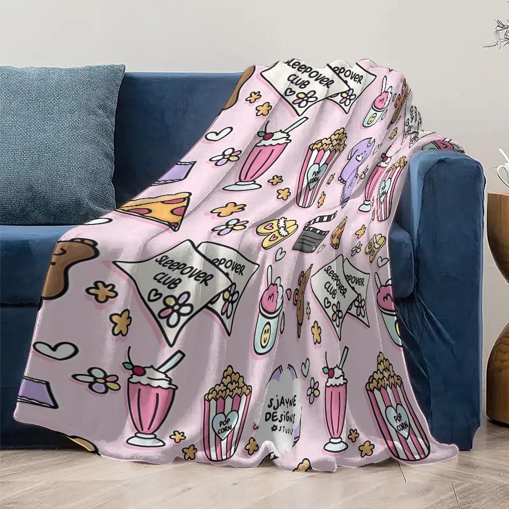 DOPAMINE Cartoon Fleece Blanket - Soft Plush Throw for Girls Room Cozy Pink Sleepover Club Blanket with Popcorn Milkshakes