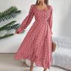 Autumn Winter Women Lace Up High Waist Long Sleeve Pleated Dress Solid Dot Temperament