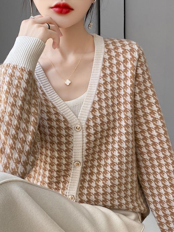 Women's V-Neck Houndstooth Color Block 100% Wool Cardigan Sweater