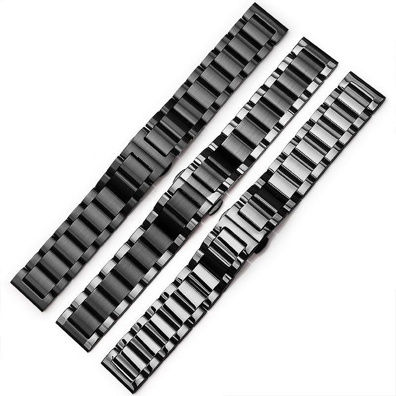 Solid Longjing Steel Watch Band – Three-Bead Men's Brushed Metal Strap