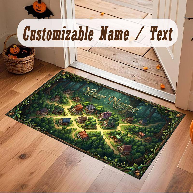 Mushroom Forest Theme Crystal Velvet Floor Rug Personalized Custom Name Text Warm Carpet Home Decoration