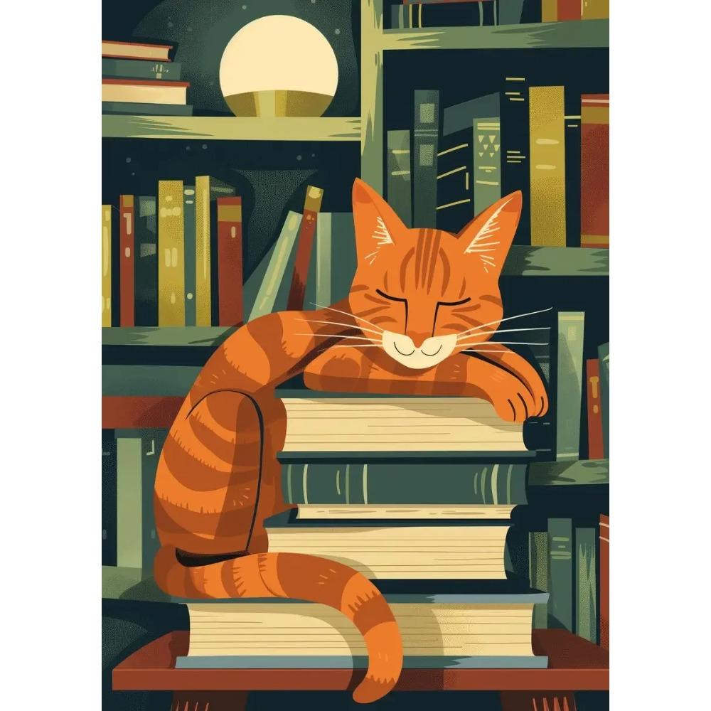 1pc Frameless Canvas Painting  Cartoon Cat with Books Poster Print Canvas Painting Wall Art Picture Library Bookstore Room Decor