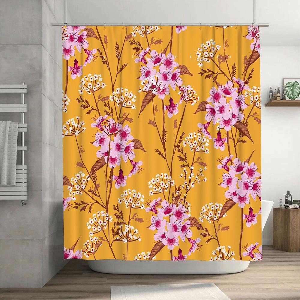 Stylish Floral Shower Curtain Pink Yellow Waterproof Bath Decor for Home Decoration
