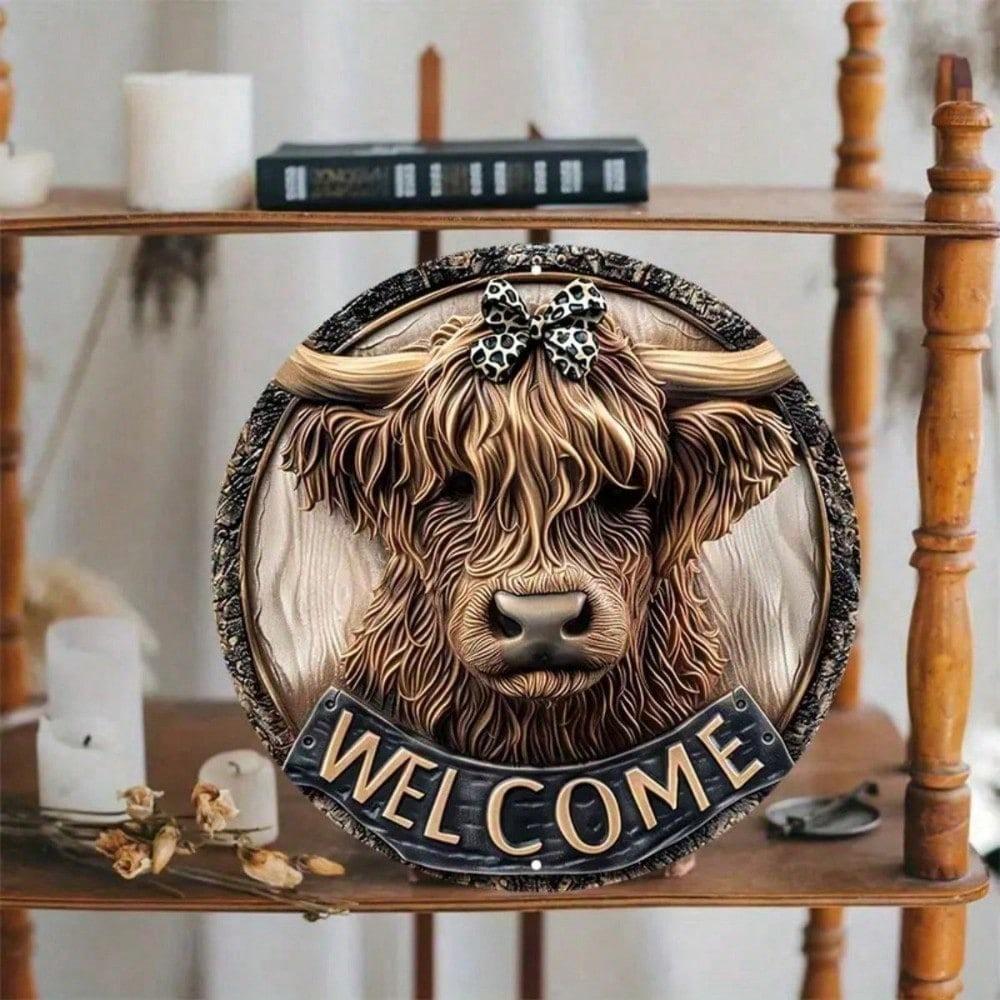 2D Highland Cow Sign Waterproof Metal Wall Art 8x8 Inch Farmhouse Decor