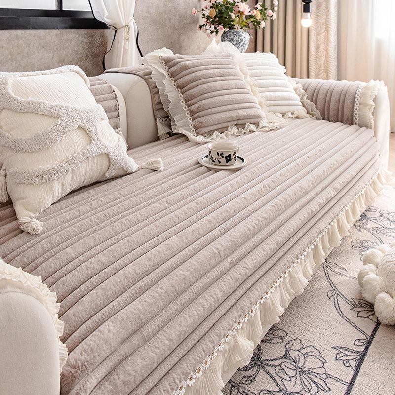 Cream Style Sofa Cover Cloth Thickened New Straight Row Anti Slip Sofa Cushion Cover Soft One-piece Autumn and Winter Season
