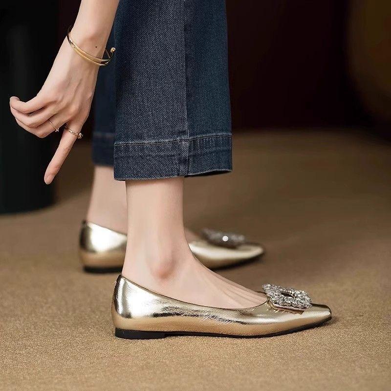Fashion Women's Flat Shoes Square Toe Silver Rhinestone Ladies Footwear Slip-on Retro Non Chic and Elegant 2025 Trend Spring Vacation 39