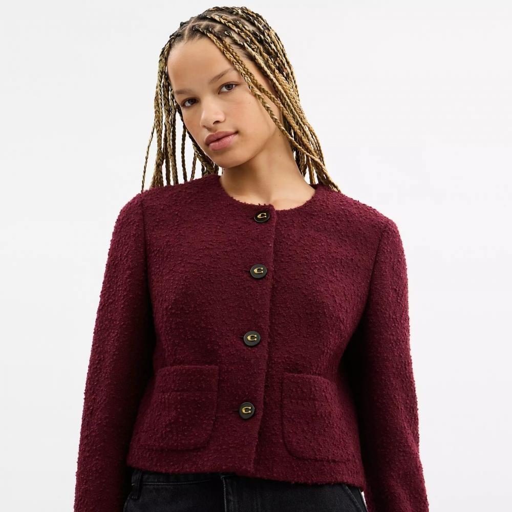 Coach Boucle Cardigan Jacket Burgundy