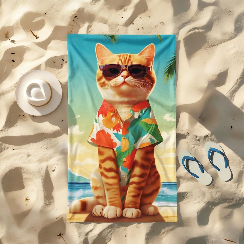 1Pc Cool Cat Fashion Glasses Microfiber Beach Towel, Quick-Dry High Absorbency, Ideal For Beach Pool Travel Camping Outdoor Bath