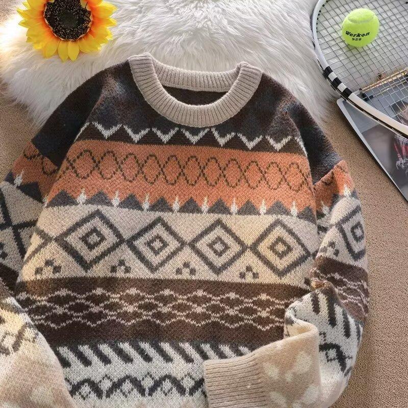 Herren Vintage Geometrisches Muster Strickpullover Rundhalsausschnitt Ethnischer Stil Pullover