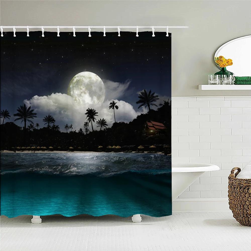 Earth Moon Starry Sky Scenery Printing Shower Curtains Bathroom Curtain Waterproof Fabric With Hooks Home Decoration Bath Screen