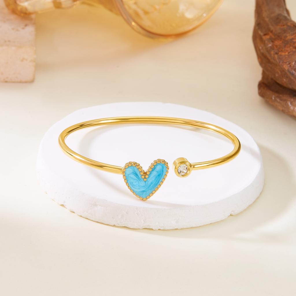 New Trendy Gold Plated Simple Heart Cuff Bangles for Women High Quality Stainless Steel Crystal Bracelets Waterproof Jewelry