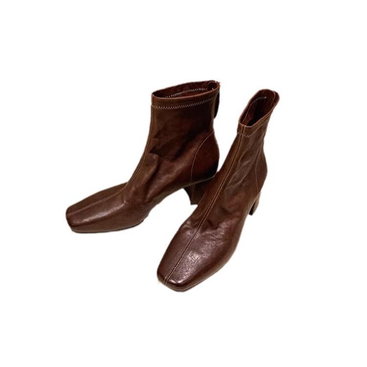 Super Soft Sheepskin Grape Mother with Square Head Thick Heel Korean Rear Zipper High Heel Bare Boots Martin Boots Women's Thin Short Boots