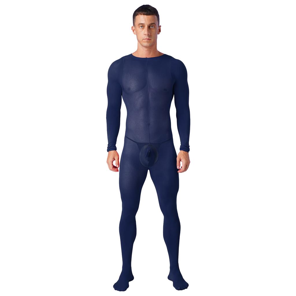 Mens Solid Color Bodystocking Long Sleeve Stretchy Bodysuit with Bulge Pouch Nightwear Underwear