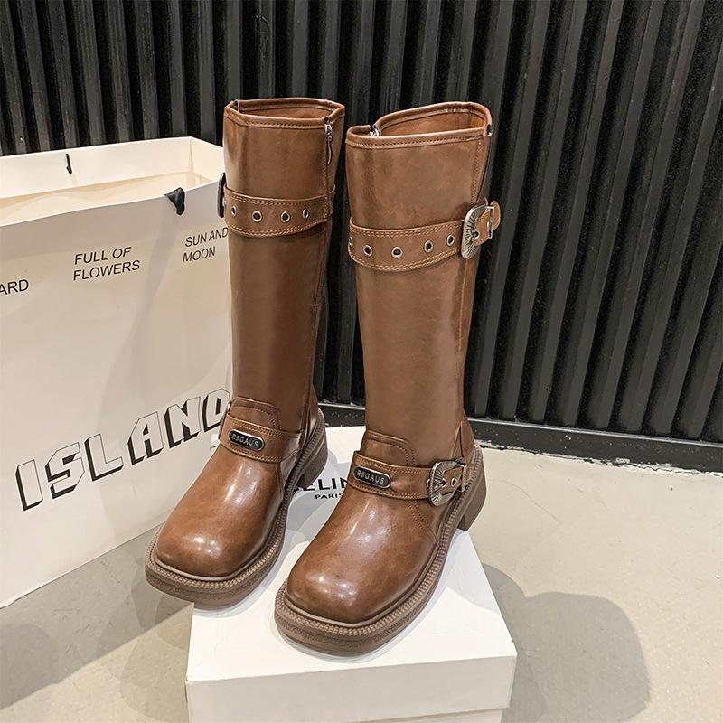 

Vintage Western Cowboy Boots Women s Long Boots Square Head Tall Knight Boots Zhao Zhaoyi Same Maillard Long Boots 35 коричневый