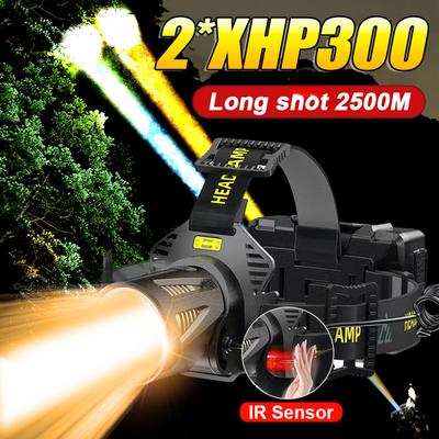2*XHP300 Lampada Frontale a LED con Sensore Ricaricabile USB Torcia Frontale ad Alta Potenza Lanterna Torcia da Testa per Campeggio Pesca