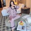 New summer ice silk high-end contrasting colors pink striped pajamas women's long-sleeved trousers bow lazy two-piece set