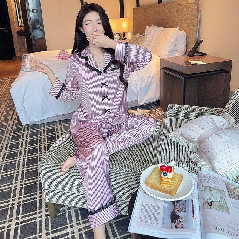 New summer ice silk high-end contrasting colors pink striped pajamas women's long-sleeved trousers bow lazy two-piece set