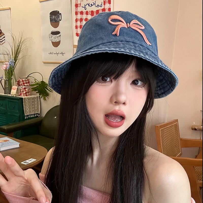 Tide Brand Bow Embroidery Denim Fisherman Hat Children Spring and Summer Outdoor Wide Brim UV Protection Hat Sun Hat