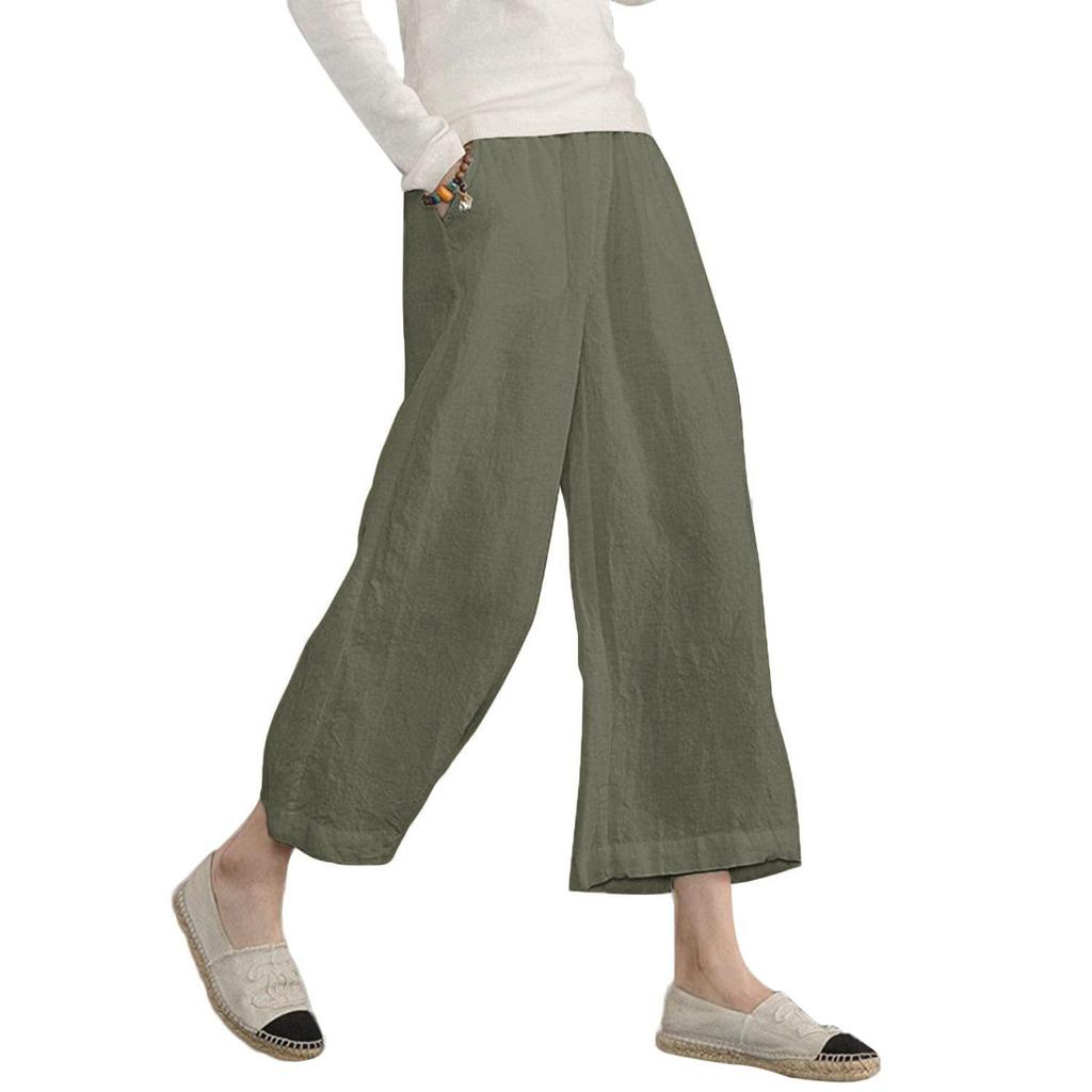 2026 New Women's Linen Cotton Wide Leg Pants, Elastic Waist Cropped Culottes for Spring Summer Casual Wear