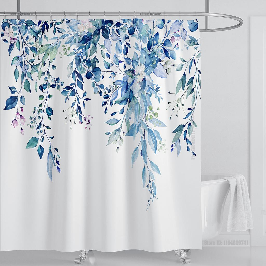 Emerald Green Eucalyptus Shower Curtain Fabric, Watercolor Plant Leaves with Floral Bathroom Shower Curtain Set with Hooks