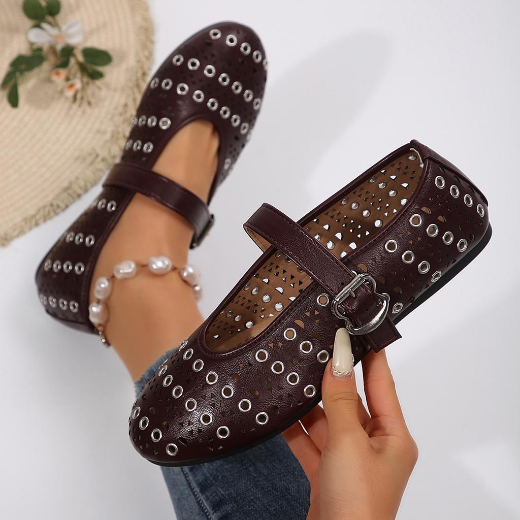 Luxury French Hollowed Out Ballet Shoes Women's Flat Bottomed Flat Bottom Buckle Metal Shallow Mouth High-quality Casual Shoes
