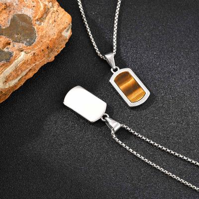 Fashion Vintage Natural Stone Necklaces for Men, Stainless Steel Geometric Square Pendant Necklace,Trendy Jewelry Gifts