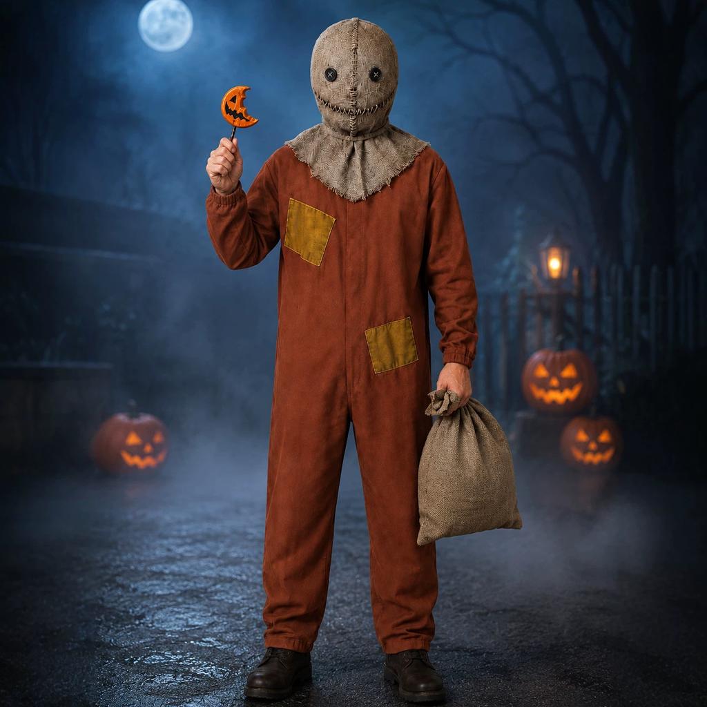 Halloween Scarecrow Sam Cosplay Jumpsuit, Trick or Treat Full Set Role Play Outfit
