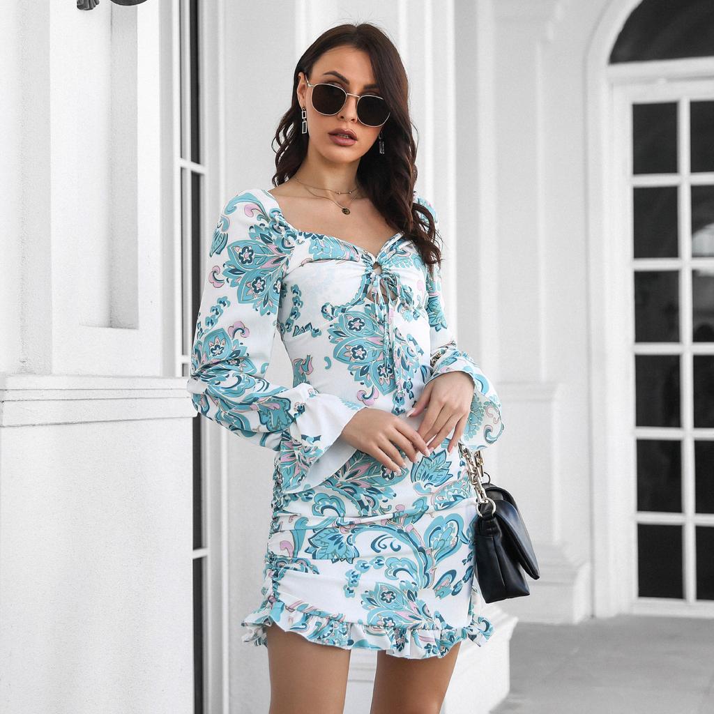 QICED Modă Femei Toamnă Iarnă Imprimeu Floral Mânecă Lungă Un Umăr Talie Înaltă Rochii Casual