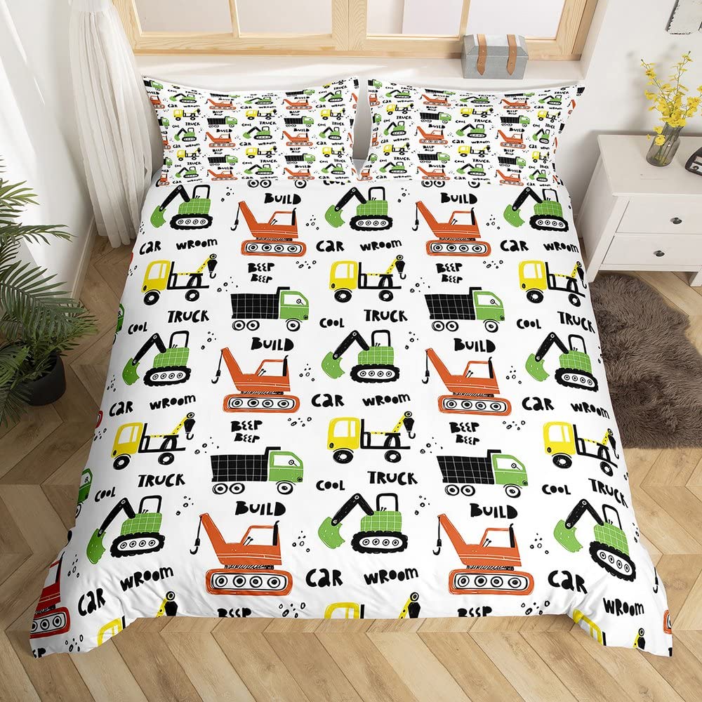 Truck Excavator Duvet Cover Set Queen Size For Kids Nursery Cartoon Tractor Engineering Vehicle Construction Theme Bedding Set