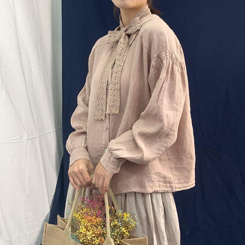 Johnature Vintage din bumbac lenjerie lejer Bandaj largi cămăși femei toamna guler răsturnat bluze cu mânecă lanternă