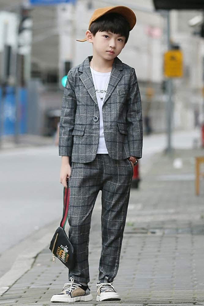 LOLANTA Children's Formal Suit, Boys' Formal Check Pattern 2-Piece Set, Gray, Size 150, for Entrance Ceremonies, Graduations, Recitals, Weddings, and