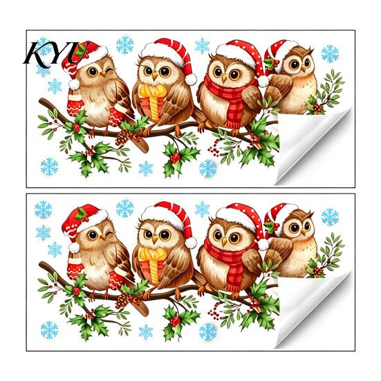 PVC Window Decorations 1/2 Sheets Christmas Cartoon Owl Cling, Standing on Branch Bird Holiday Glass Decals Static Sticker, Removable Waterproof